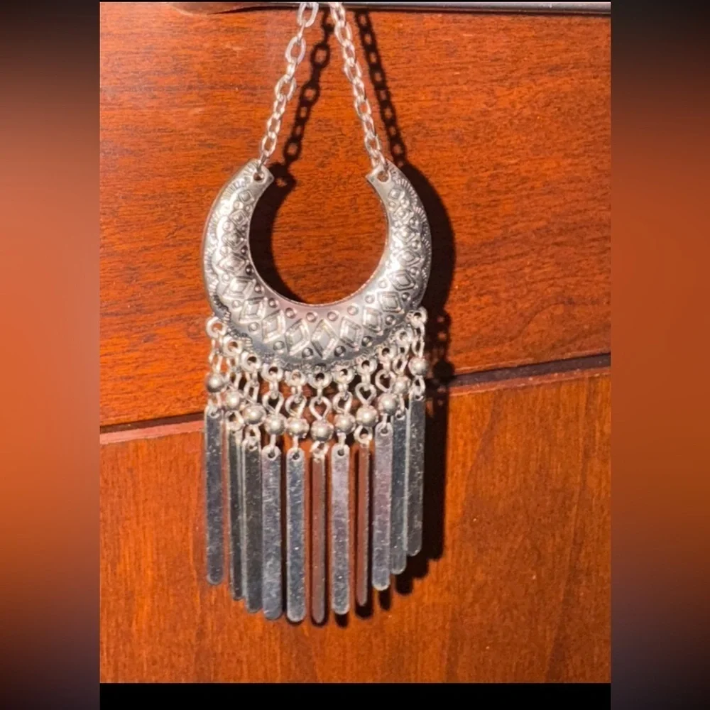 Chico's Silver Tone Crescent Dangle Earrings - Boho Chic Fringe